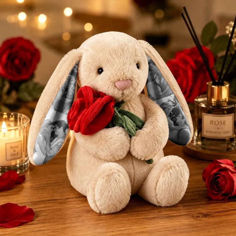 Custom Photo Red Rose Bunny Plush Personalized Hidden Ear Picture Bunny Gift for Couples Anniversary Gifts