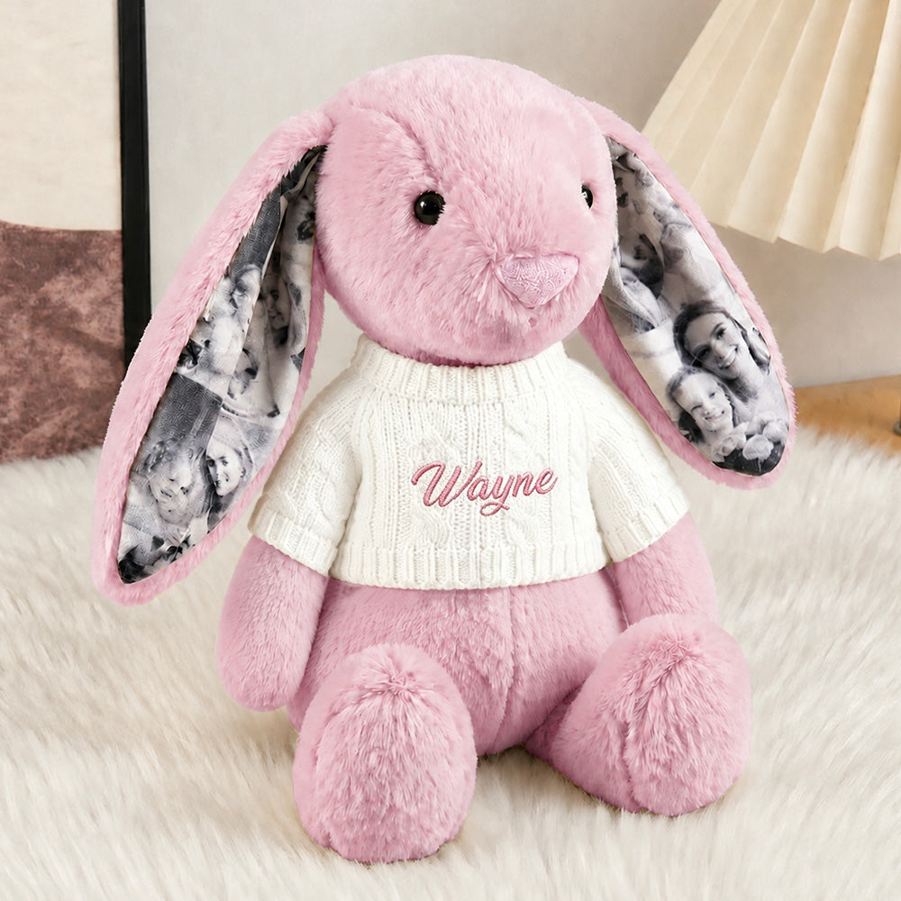 Custom Ears & Sweater Custom Photo Bunny Plush with Personalized Name Embroidery Cute Anniversary Gifts