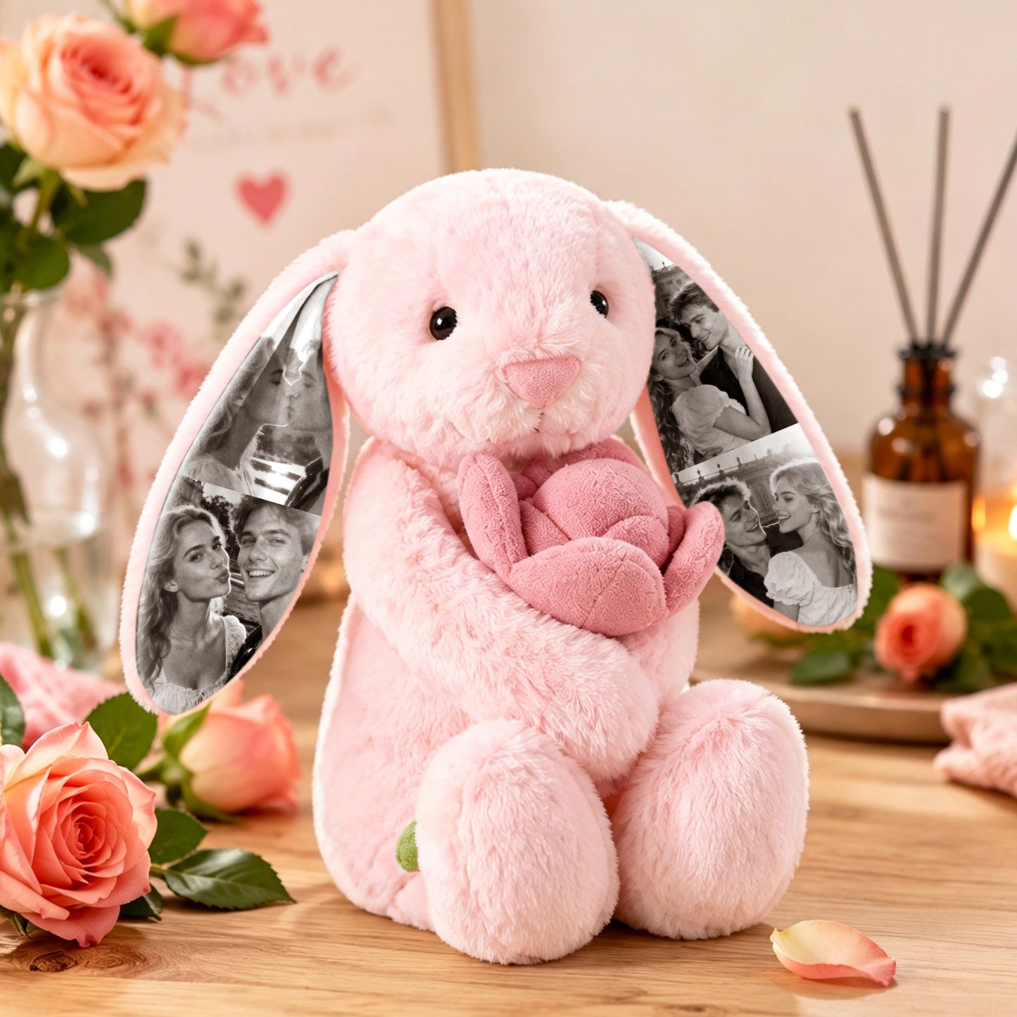 Custom Photo Pink Rose Bunny Plush Personalized Hidden Ear Picture Bunny Gift for Couples Anniversary Gifts