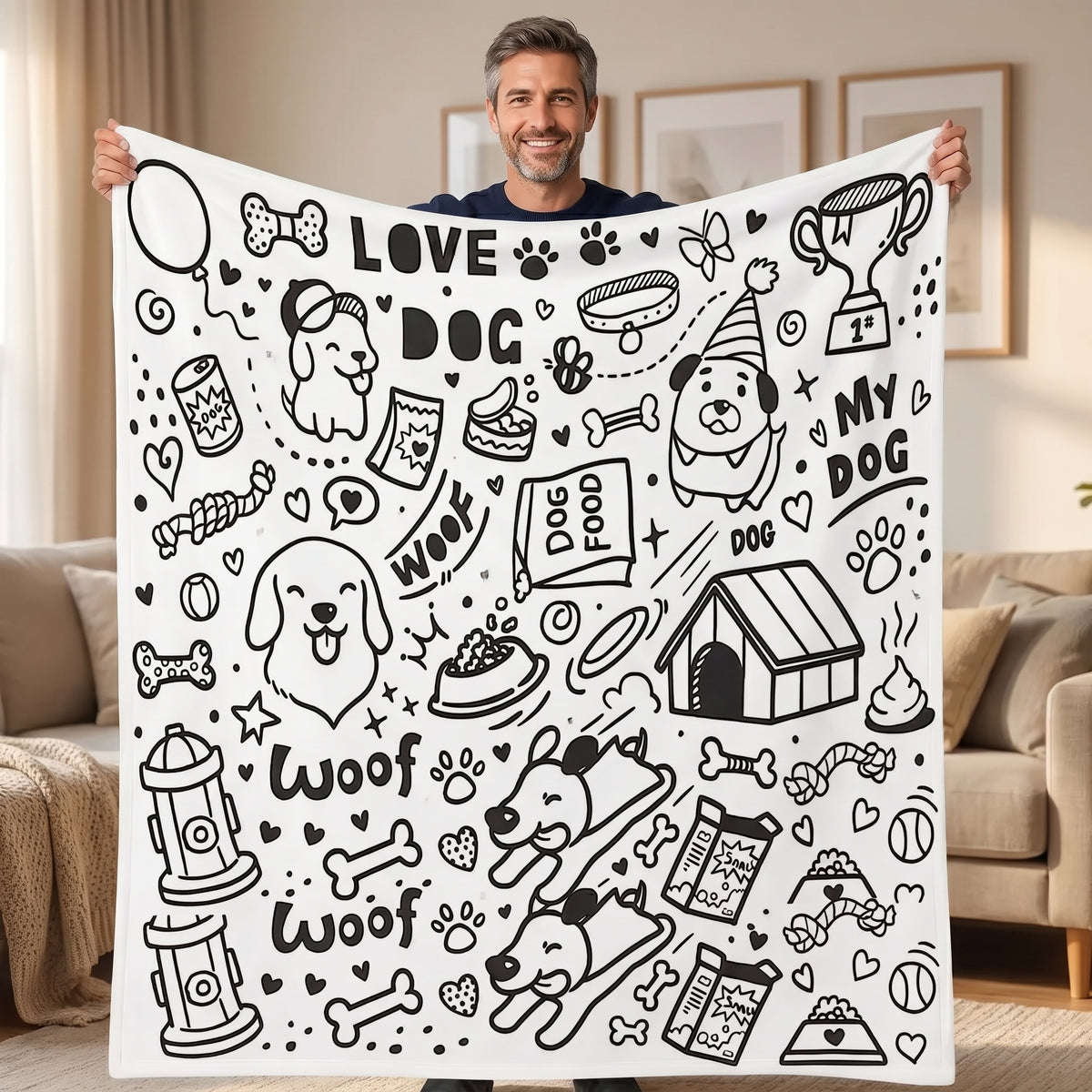 DIY coloring blanket, Dog & Woof design, held up in a living room