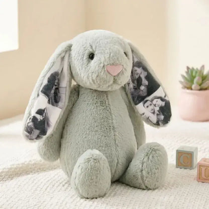Custom Photo Bunny Plush Personalized Hidden Ear Picture Gift for Couples Anniversary Mother's Day Gifts