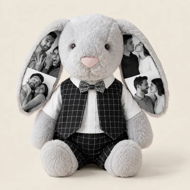 Custom Photo 40cm Wedding Bunny Plush – Personalized Bride & Groom Bunny Stuffed Animal, Anniversary Wedding Gift for Couples