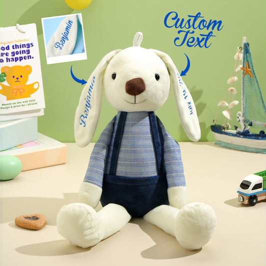 Personalized Bunny Plush – Name Embroidered on Its Ear, 50 cm Long, Striped Shirt and Overalls