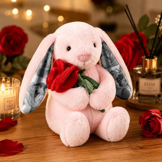Custom Photo Red Rose Bunny Plush Personalized Hidden Ear Picture Bunny Gift for Couples Anniversary Gifts