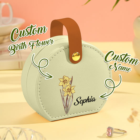 Personalized Birth Flower Jewelry Box with Name PU Leather Jewelry Box Birthday Gift for Her