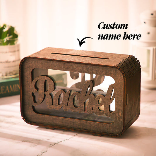 Personalized Wooden Money Bank – Cut-Out Name Window, Coin and Bill Slot, 5 Wood Colors