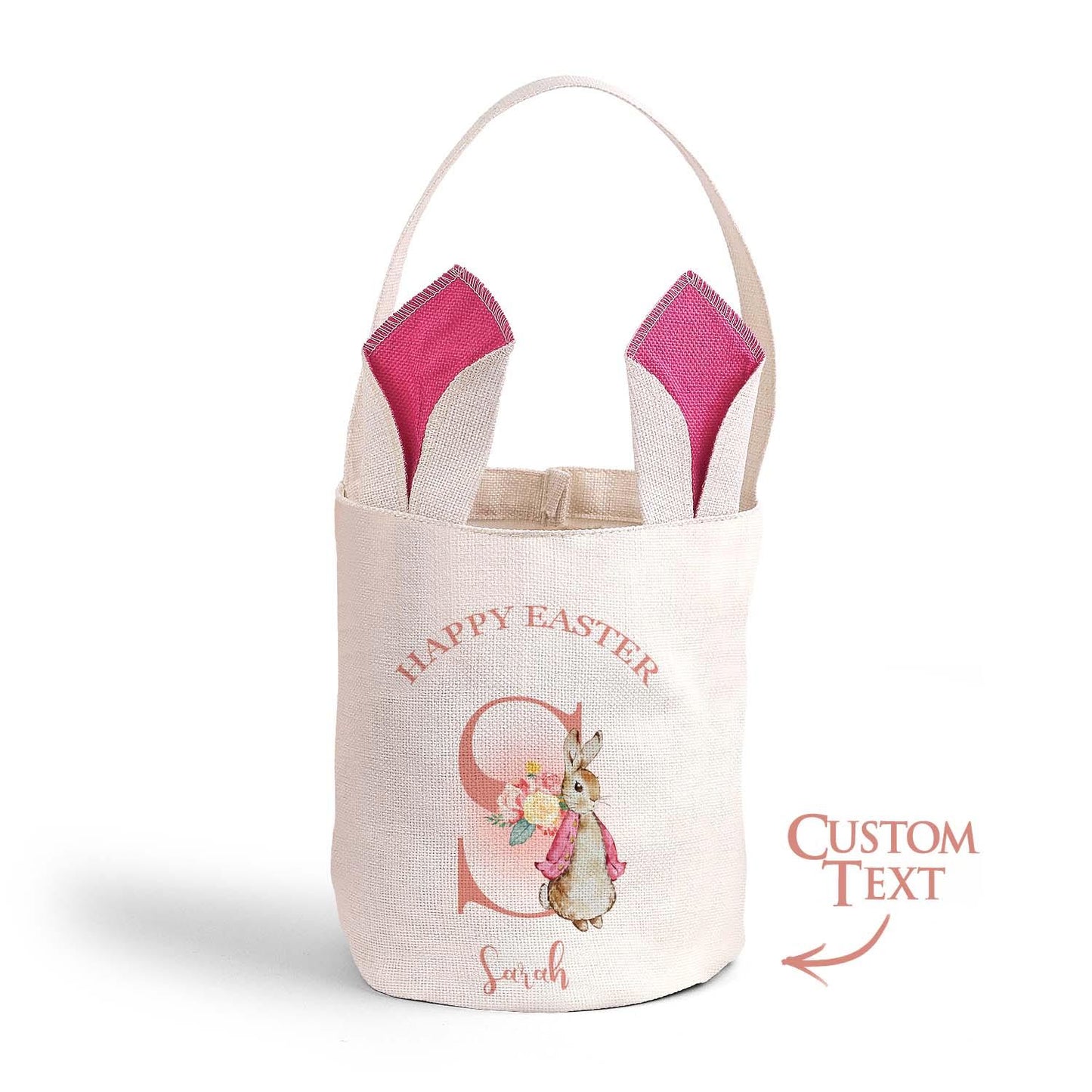 Personalized Cute Peter Rabbit Bunny Ears Bucket Bag with Initial and Name Easter Egg Hunt Basket Birthday Party Favors Gift for Kids