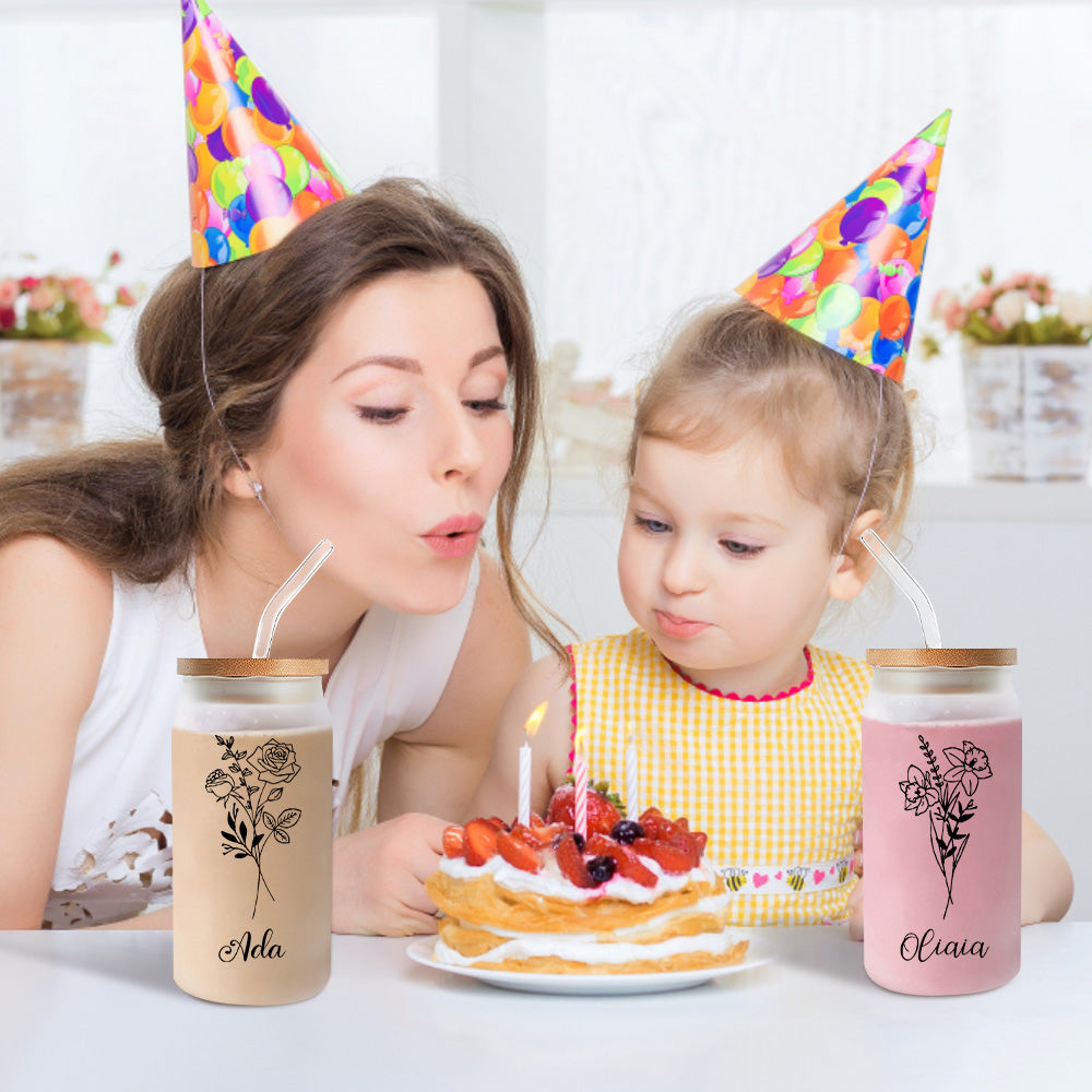 Personalized Name Frosted Can Glass with Birth Flower Custom Can Glass with Straw Gift for Mother Friends Family Bridesmaid