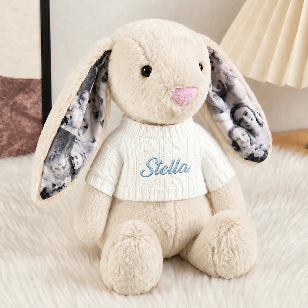 Custom Ears & Sweater Custom Photo Bunny Plush with Personalized Name Embroidery Cute Anniversary Gifts