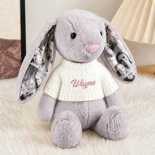 Custom Ears & Sweater Custom Photo Bunny Plush with Personalized Name Embroidery Cute Anniversary Gifts
