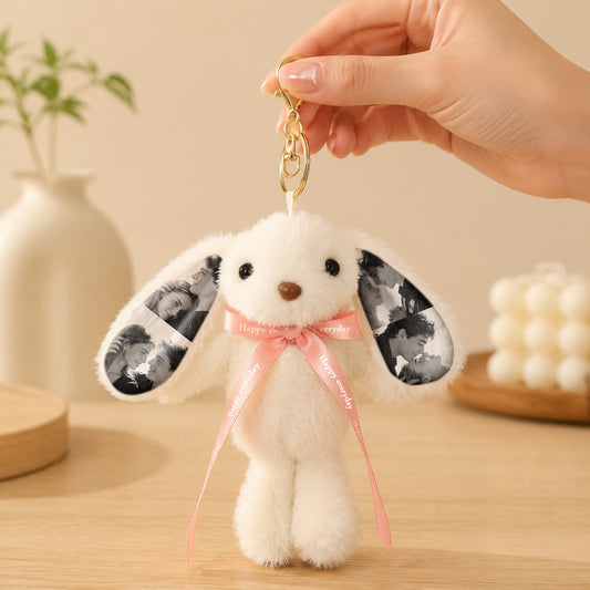 Custom Photo Bunny Plush Keychain – Personalized Cute Rabbit Bag Charm with Photo Ears & Ribbon Gift