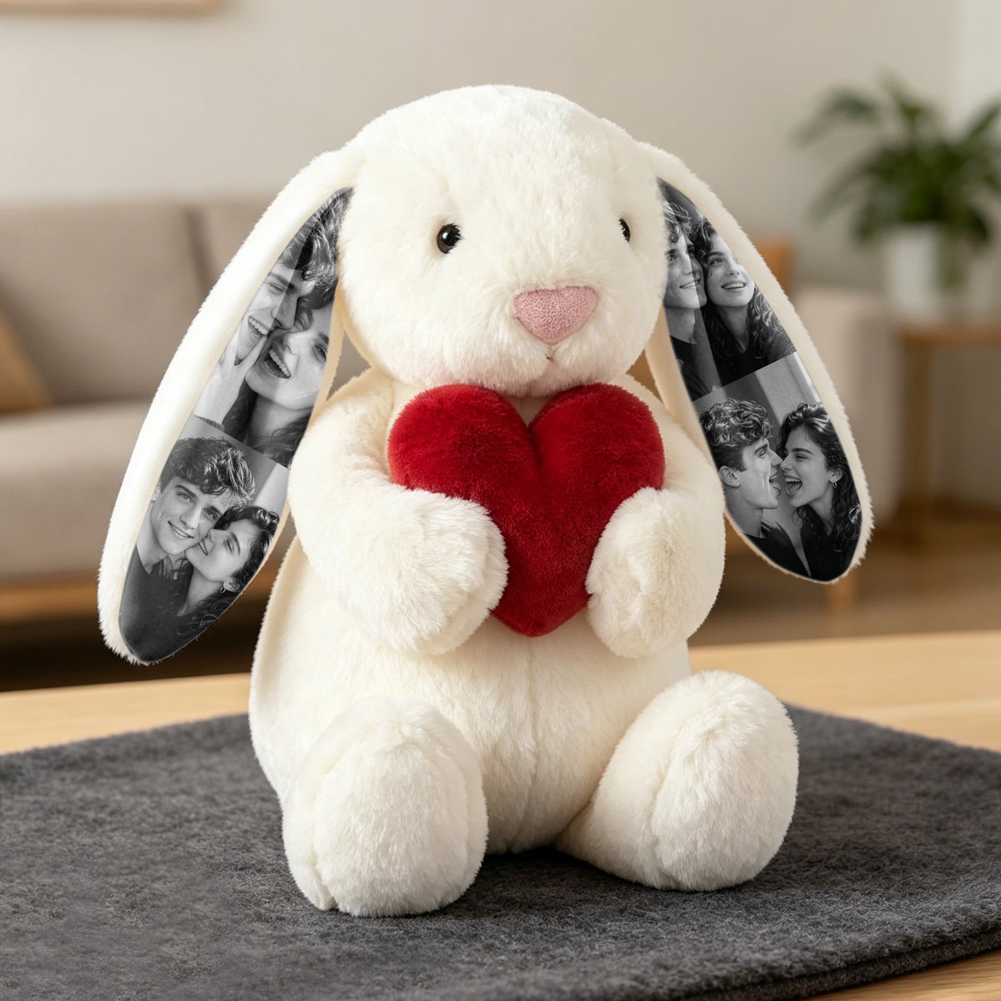Custom Photo Red Love Heart Bunny Plush Personalized Hidden Ear Picture Bunny Gift for Couples Anniversary Gifts