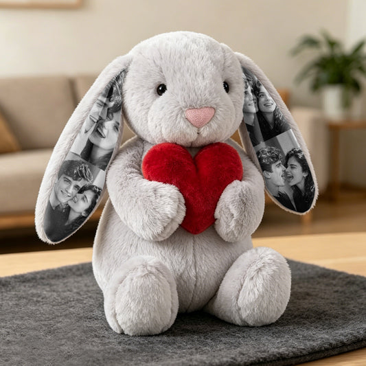 Custom Photo Red Love Heart Bunny Plush Personalized Hidden Ear Picture Bunny Gift for Couples Anniversary Gifts