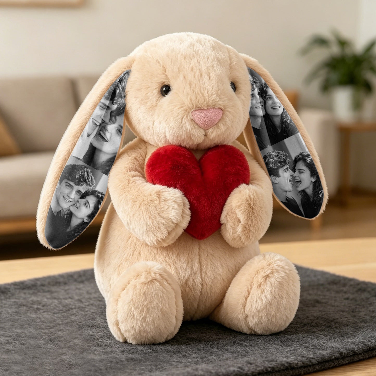 Custom Photo Red Love Heart Bunny Plush Personalized Hidden Ear Picture Bunny Gift for Couples Anniversary Gifts