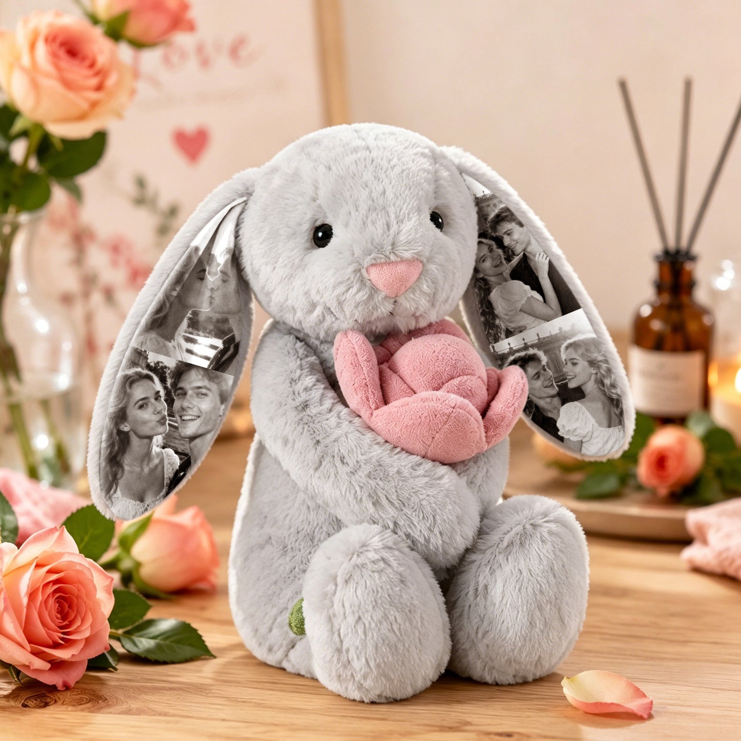 Custom Photo Pink Rose Bunny Plush Personalized Hidden Ear Picture Bunny Gift for Couples Anniversary Gifts