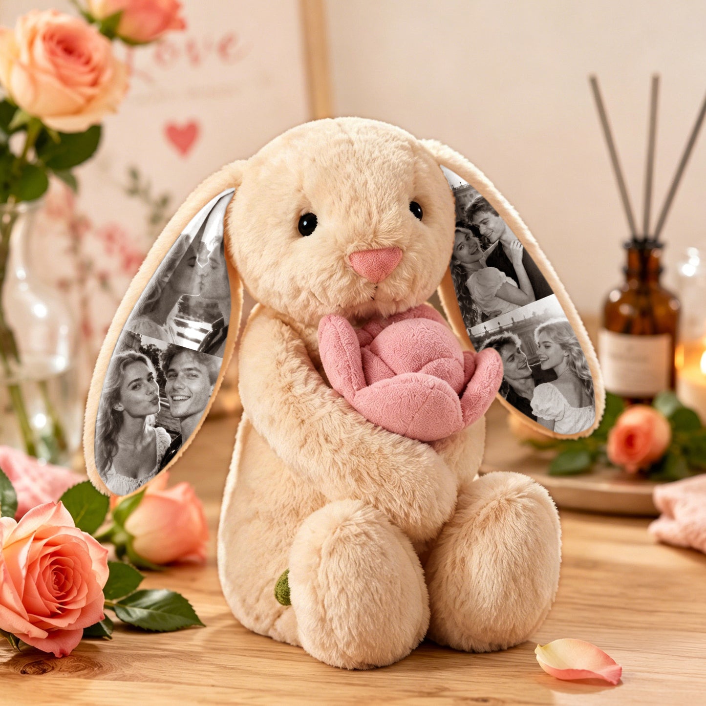 Custom Photo Pink Rose Bunny Plush Personalized Hidden Ear Picture Bunny Gift for Couples Anniversary Gifts