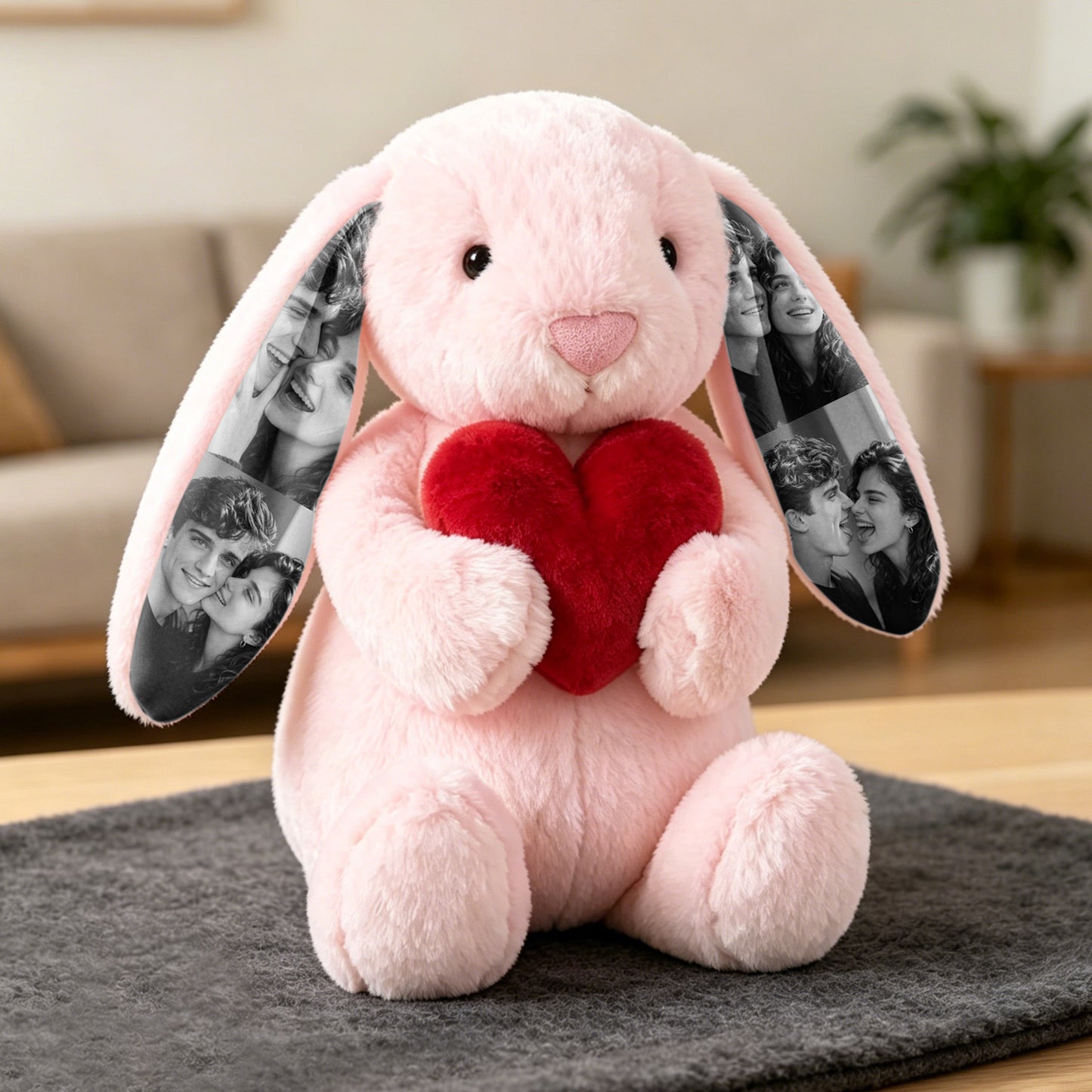Custom Photo Red Love Heart Bunny Plush Personalized Hidden Ear Picture Bunny Gift for Couples Anniversary Gifts