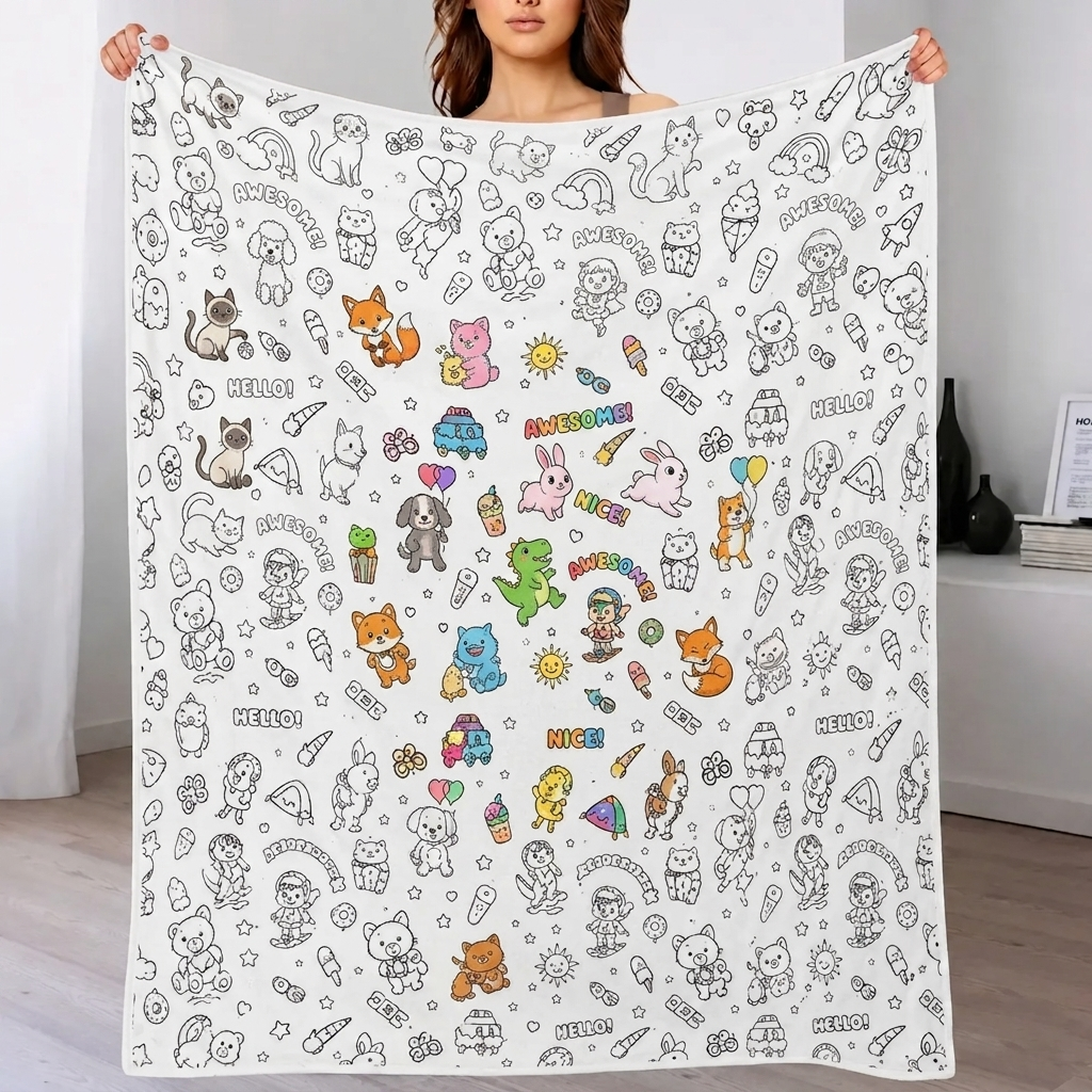 DIY Drawing Blanket with 24 Colors Markers, Doodle Your Own Blankets, Customizable Washable Paint & Play Blankets for Adults
