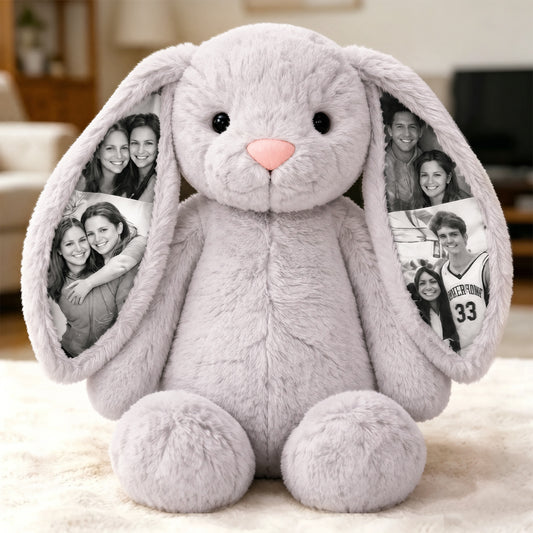 Custom Photo Bunny Plush Personalized Hidden Ear Picture Gift for Couples Anniversary Mother's Day Gifts