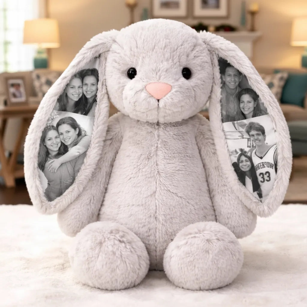 Custom Photo Bunny Plush Personalized Hidden Ear Picture Gift for Couples Anniversary Mother's Day Gifts