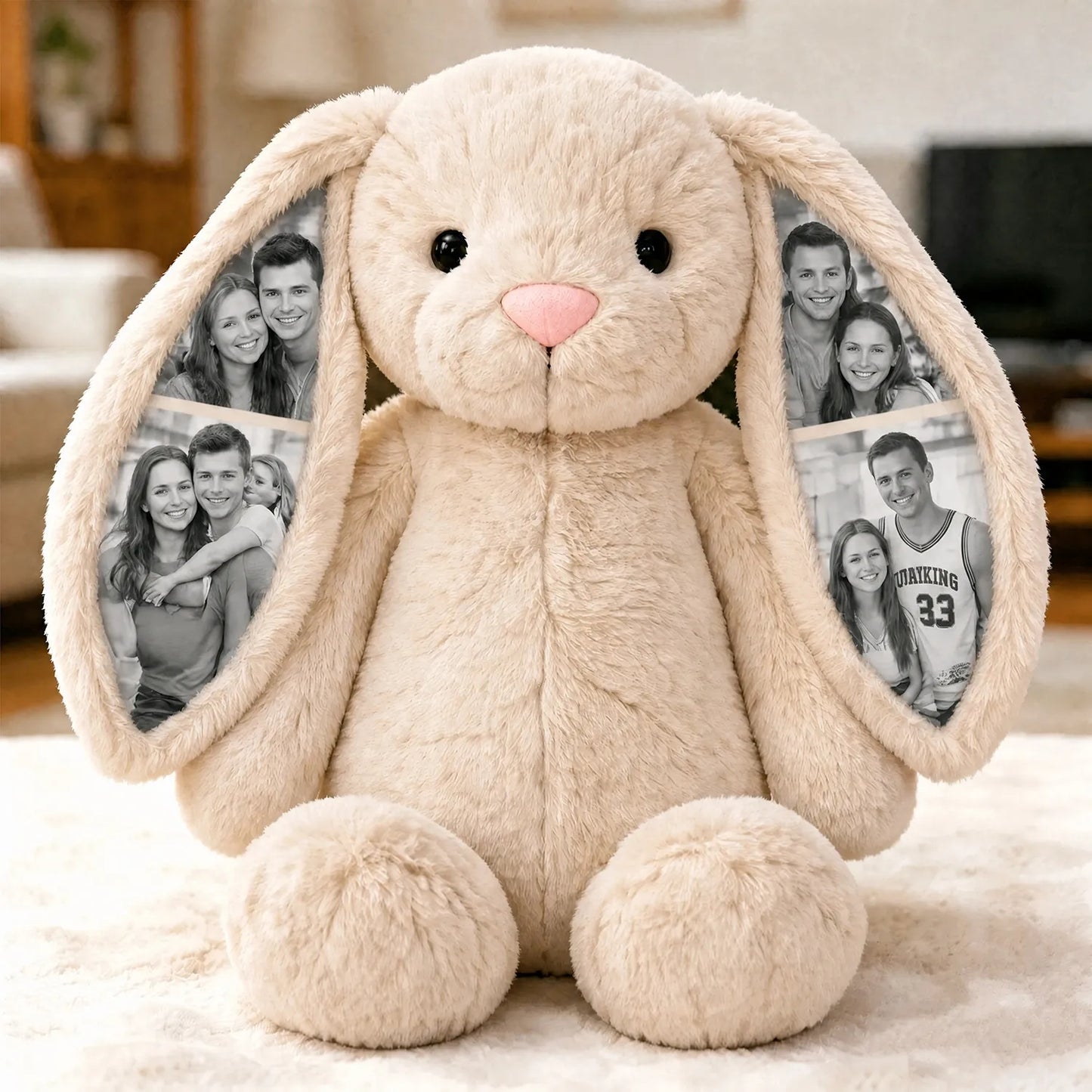 Custom Photo Bunny Plush Personalized Hidden Ear Picture Gift for Couples Anniversary Mother's Day Gifts