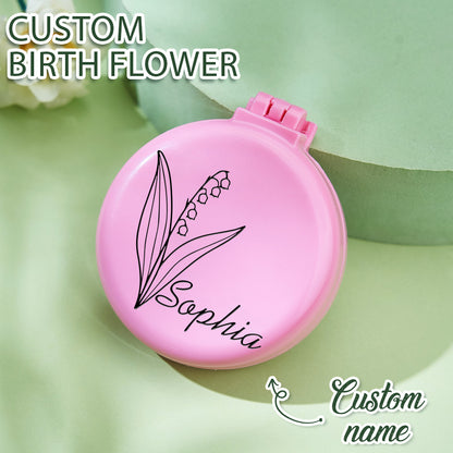 Personalized Foldable Mirror with Hair Brushes Mini Birth Flower Cushion Mirror Comb Gift for Her