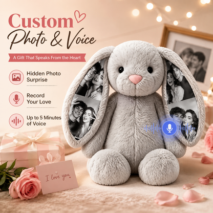Personalized Voice Recording Bunny Plush with Hidden Photo Ears Anniversary Gift