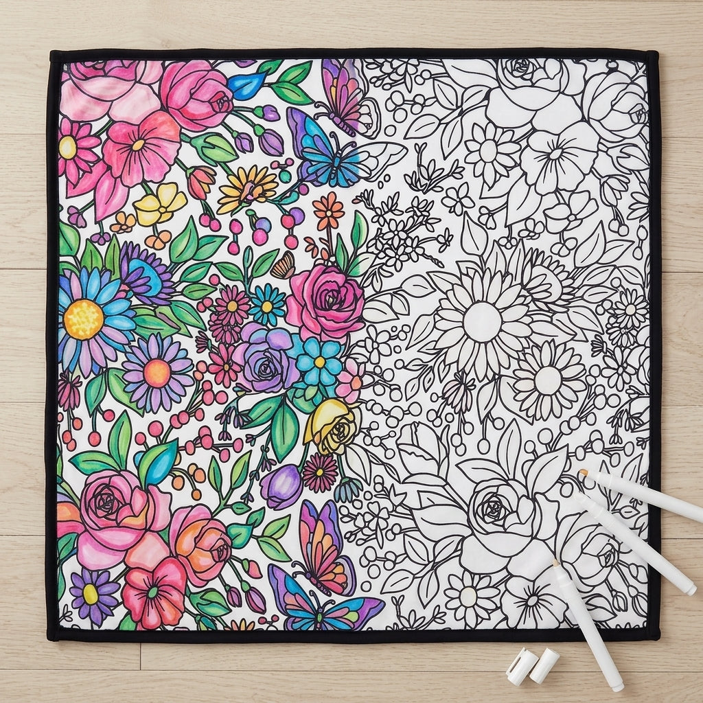 Blooming Garden coloring blanket half colored in, half plain, showing before and after