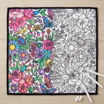 Blooming Garden coloring blanket half colored in, half plain, showing before and after