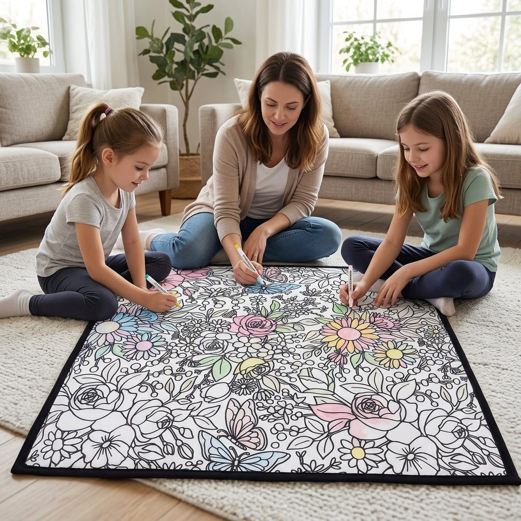 Mother and two daughters coloring the Blooming Garden coloring blanket together on the living room floor