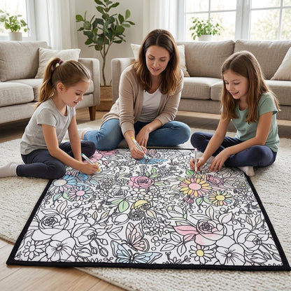 Mother and two daughters coloring the Blooming Garden coloring blanket together on the living room floor