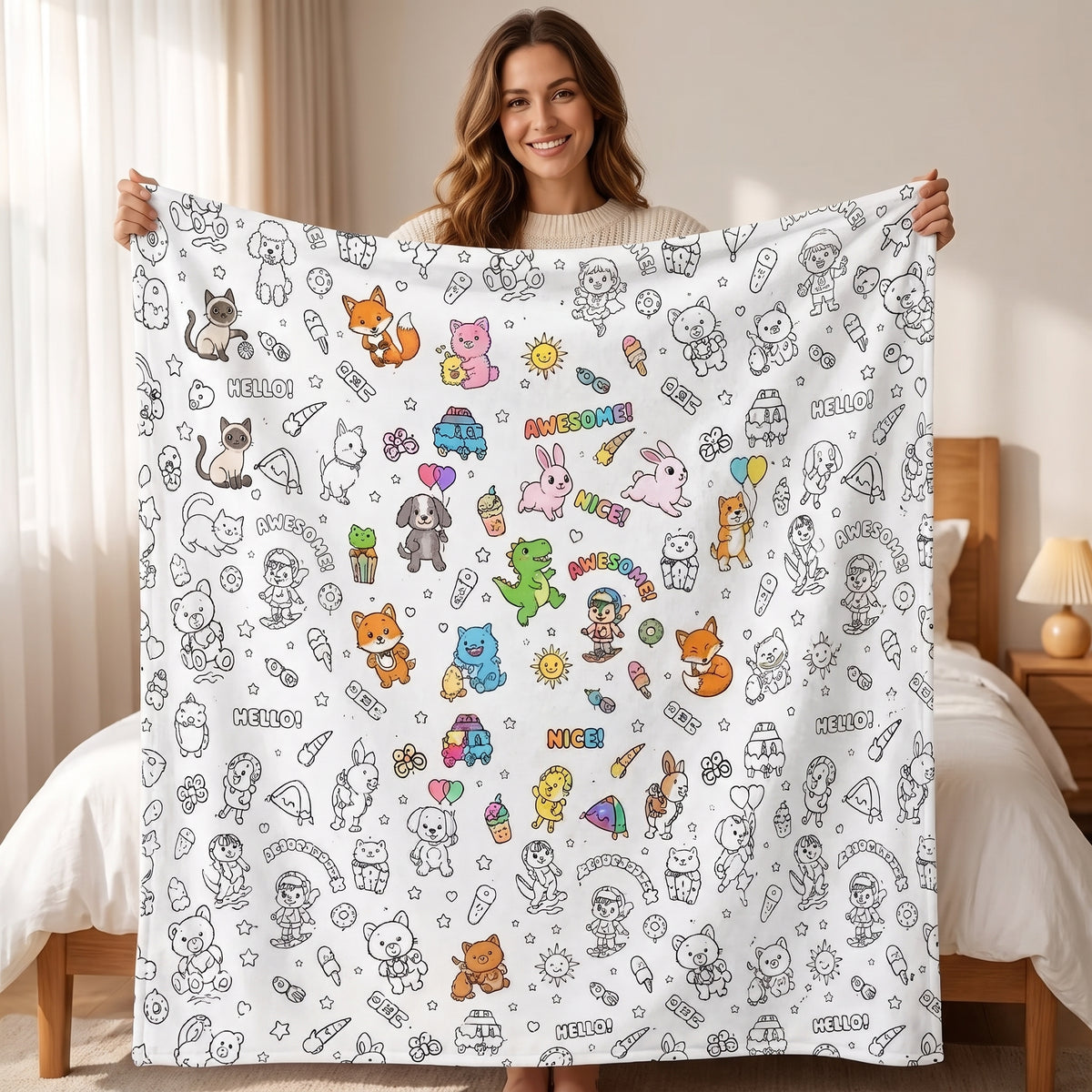 DIY coloring blanket, Cartoon Animals design, held up in a living room