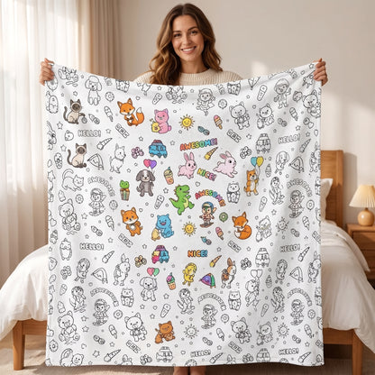 DIY coloring blanket, Cartoon Animals design, held up in a living room