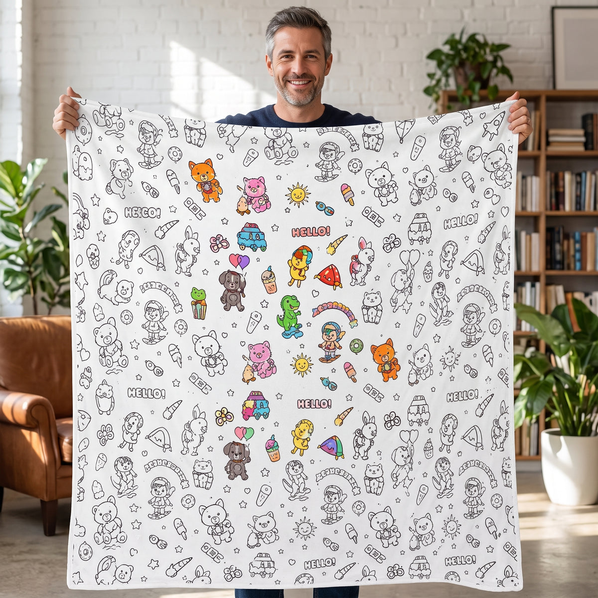 DIY coloring blanket, Cute Animals design, held up in a living room