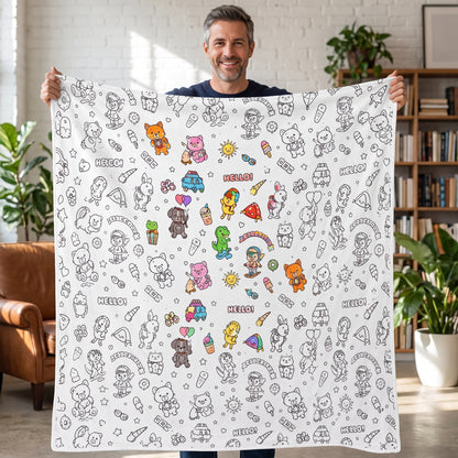 DIY coloring blanket, Cute Animals design, held up in a living room