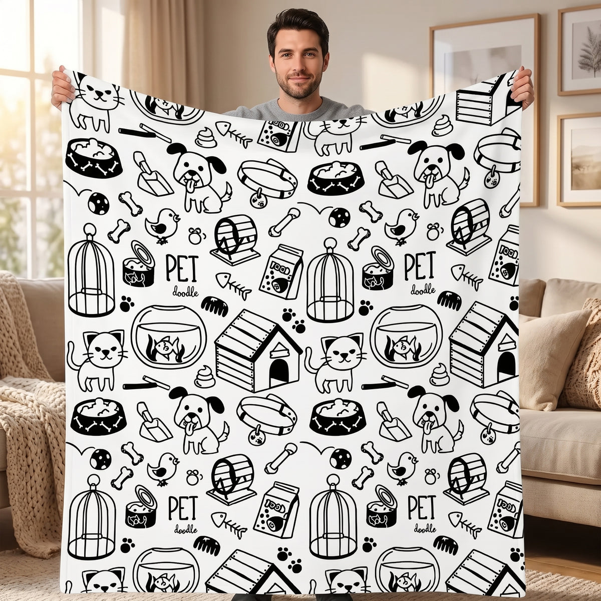 DIY coloring blanket, Dogs & Cats design, held up in a living room