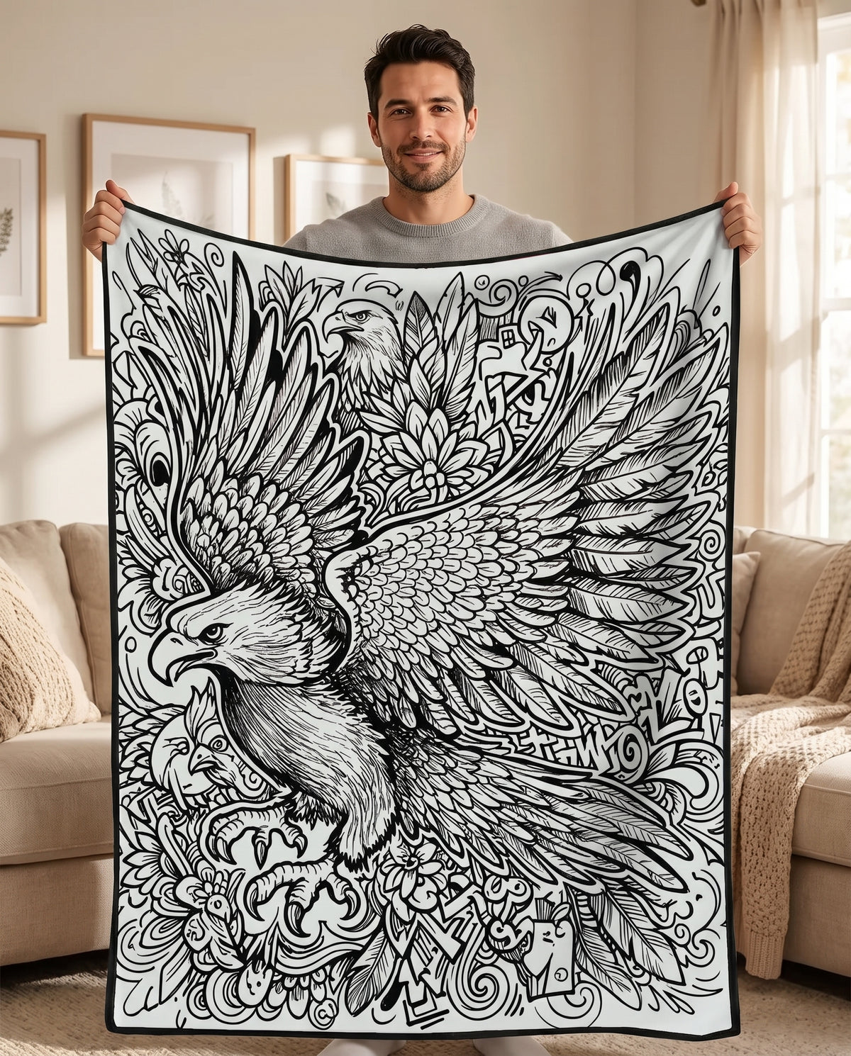 DIY coloring blanket, Eagle design, held up in a living room