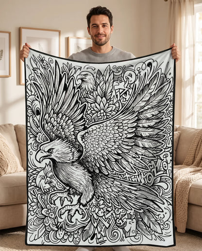 DIY coloring blanket, Eagle design, held up in a living room
