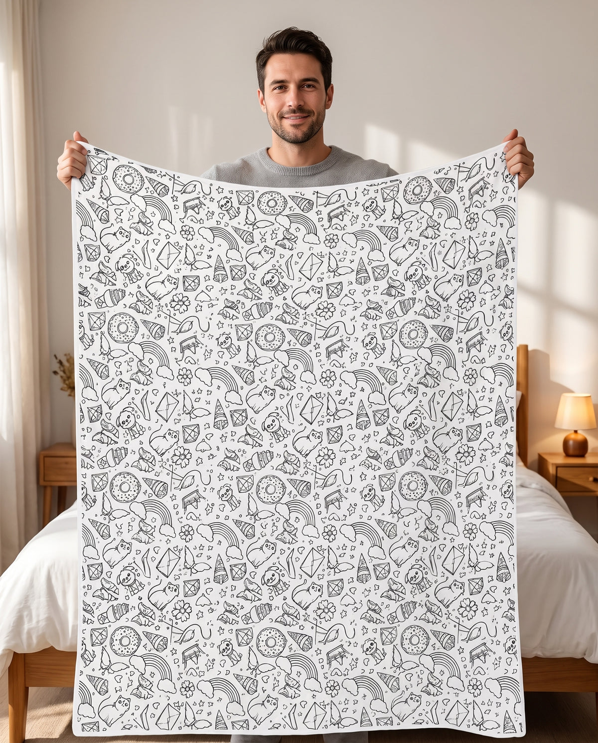 DIY coloring blanket, Rainbow design, held up in a living room