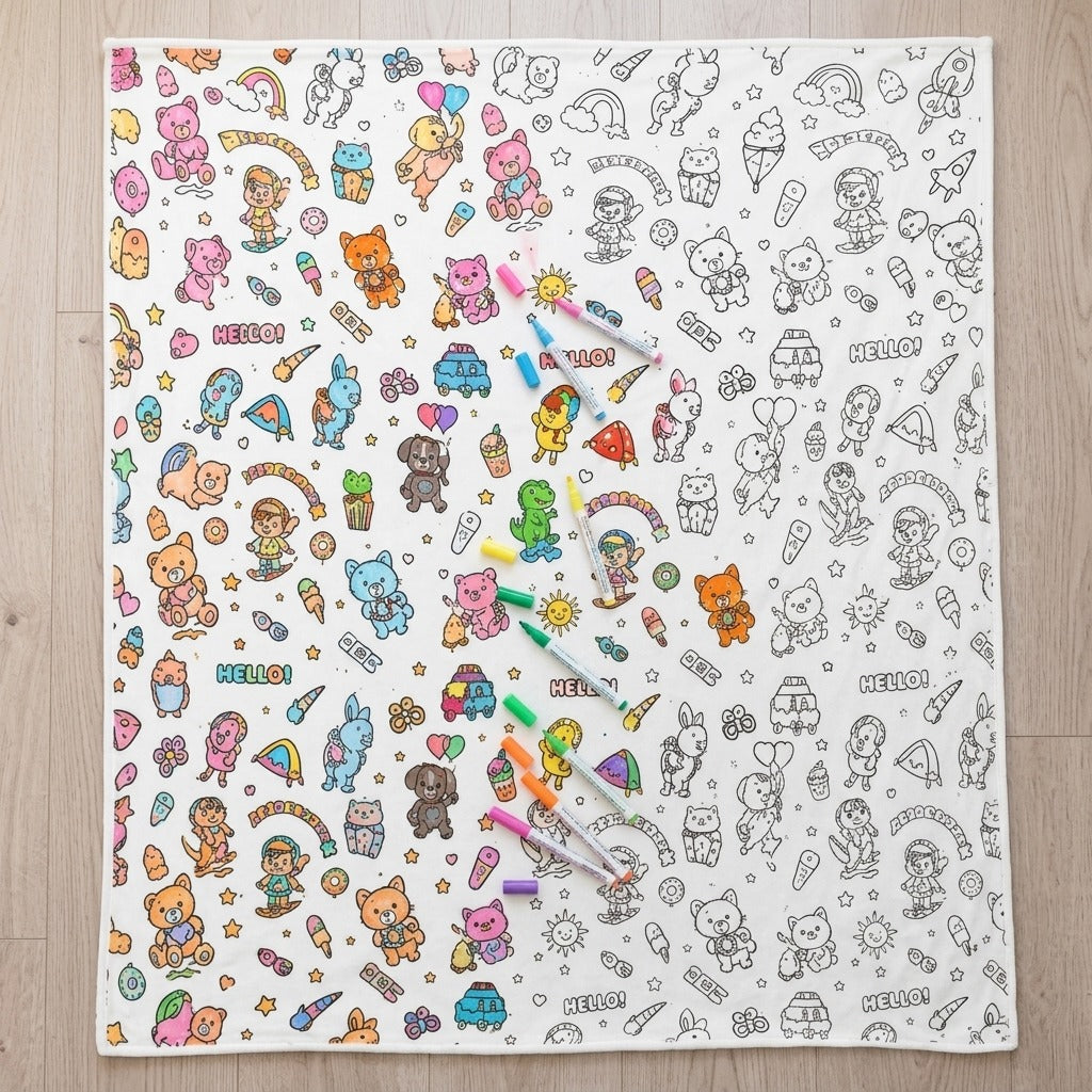 Coloring blanket half colored in, half plain white, showing before and after
