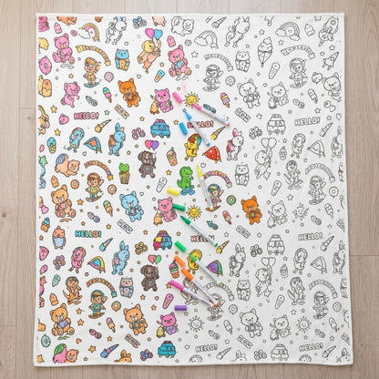 Coloring blanket half colored in, half plain white, showing before and after