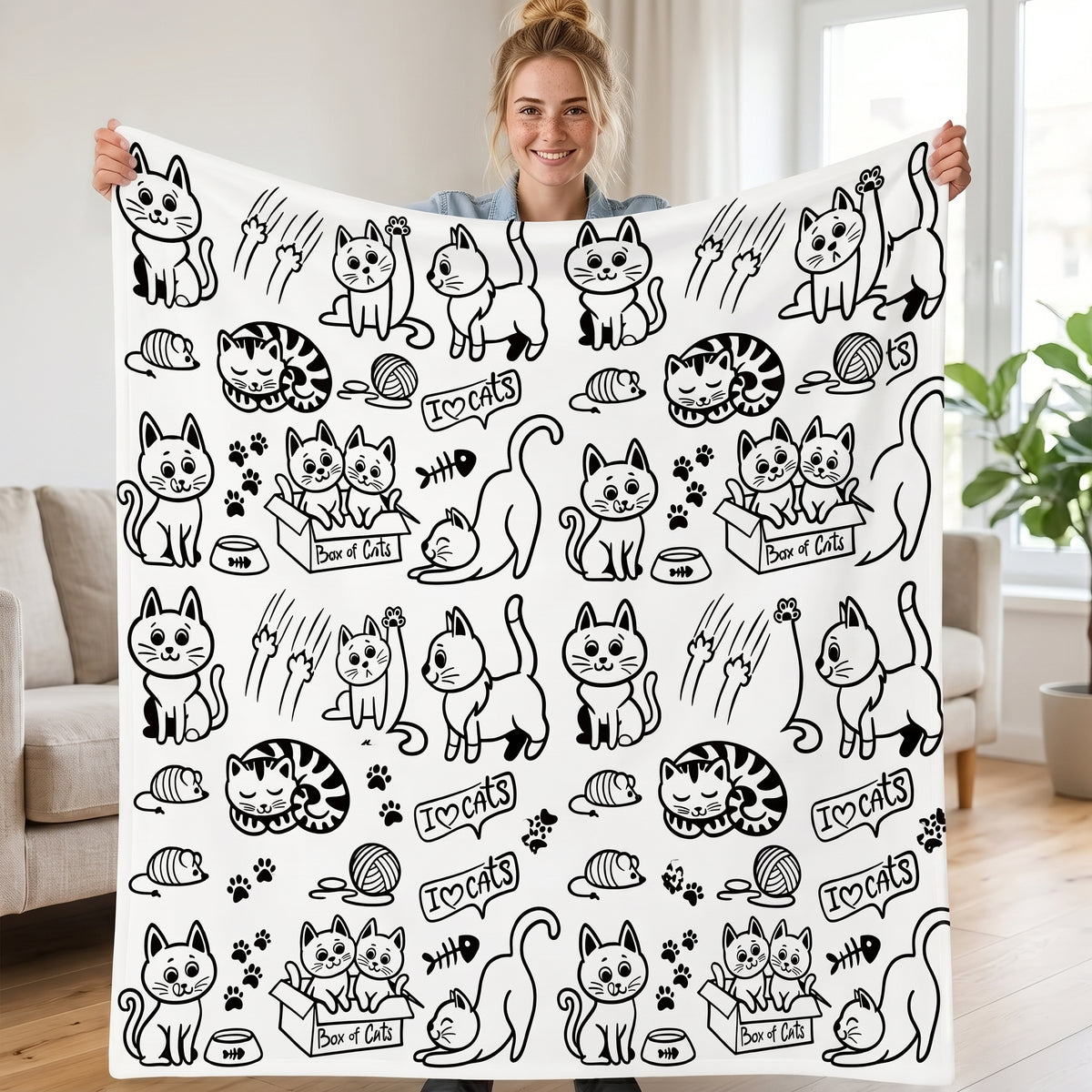 DIY coloring blanket, Box of Cats design, held up in a living room