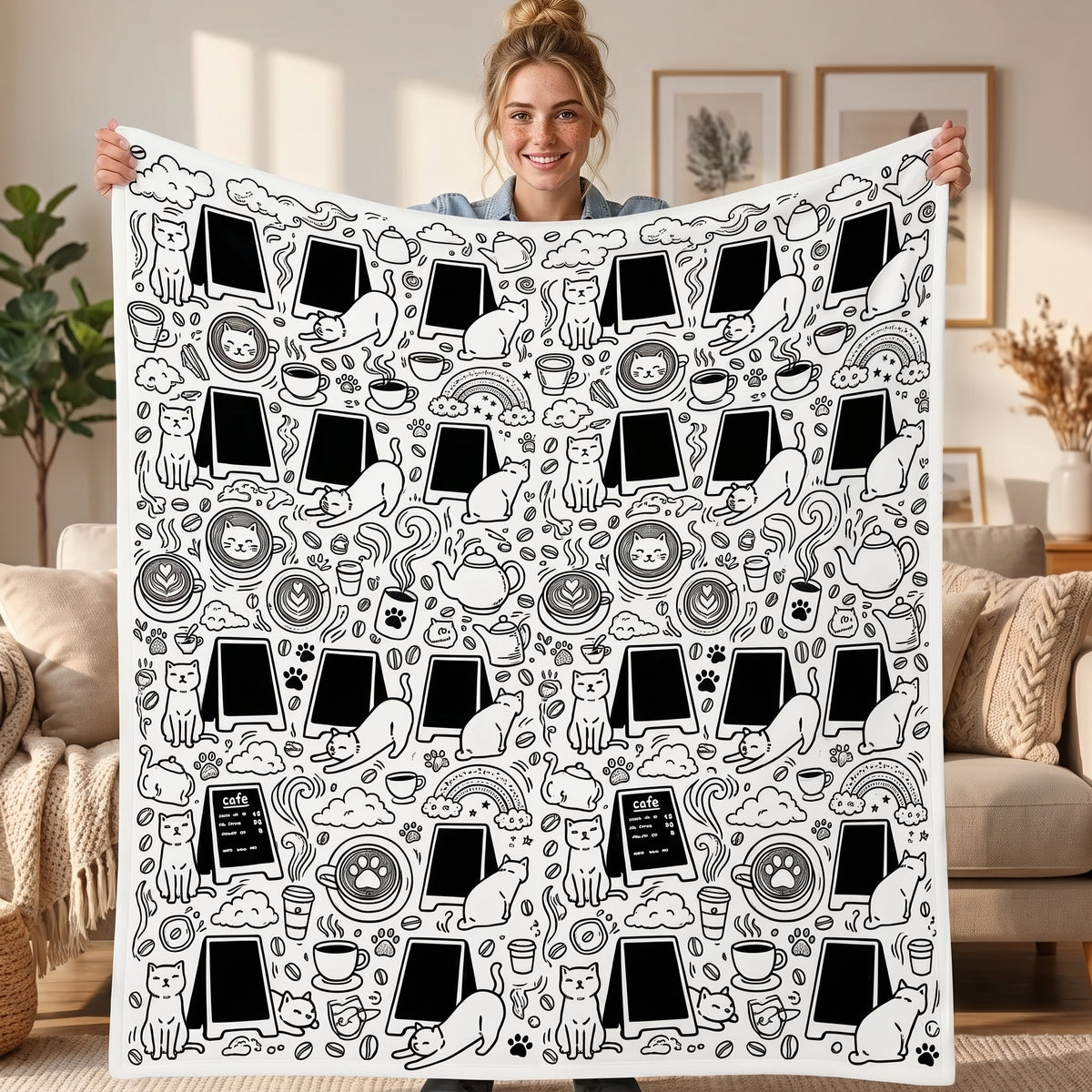 DIY coloring blanket, Cat & Coffee design, held up in a living room