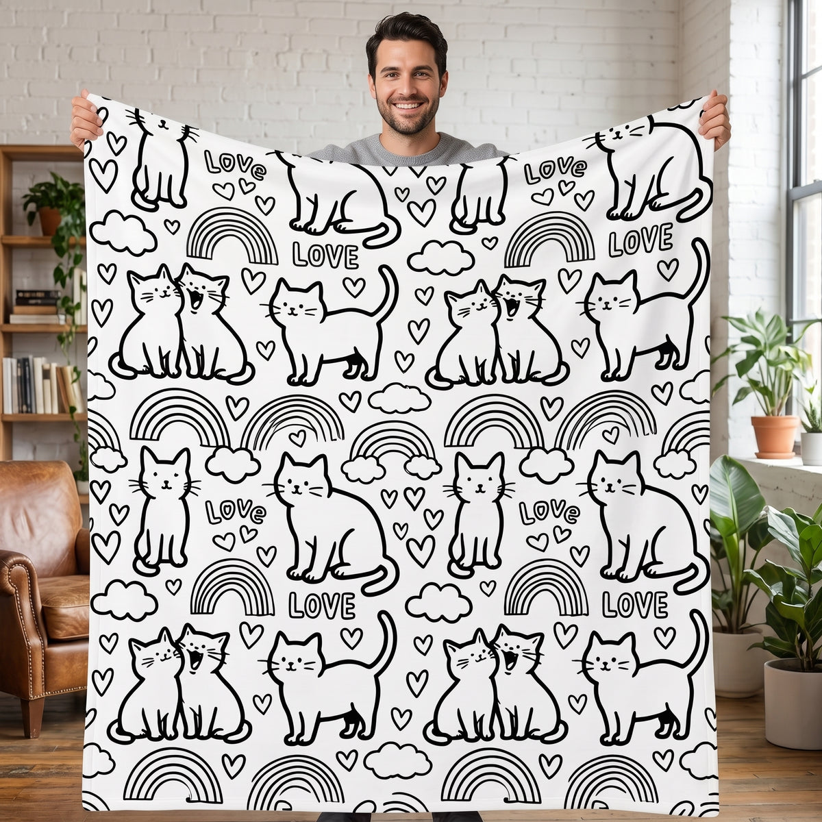 DIY coloring blanket, Cat & Rainbow design, held up in a living room