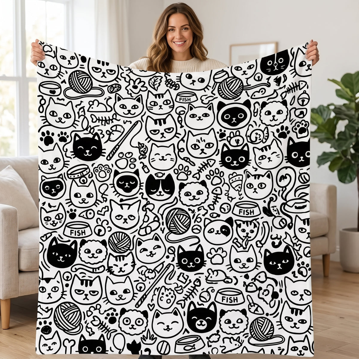 DIY coloring blanket, Multiple Cat Heads design, held up in a living room