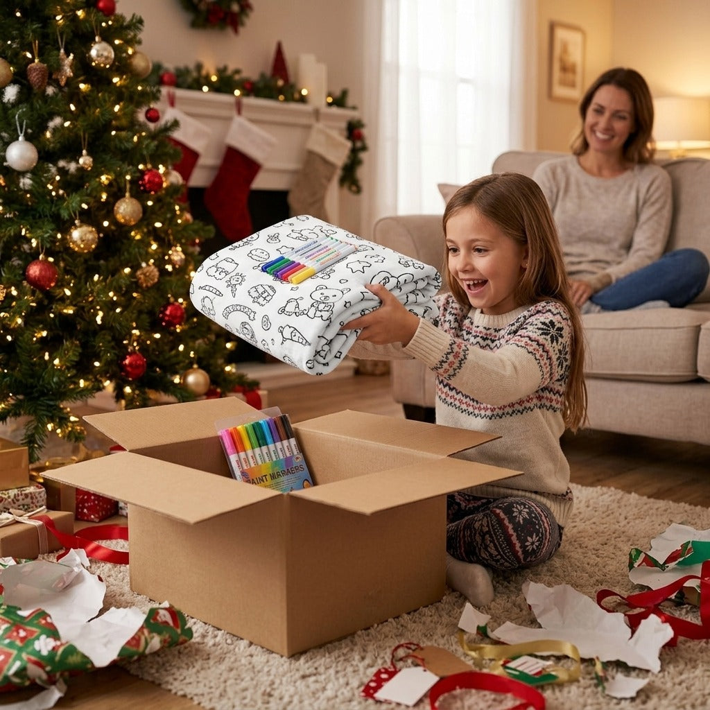 Girl unwrapping a coloring blanket and paint markers as a Christmas gift
