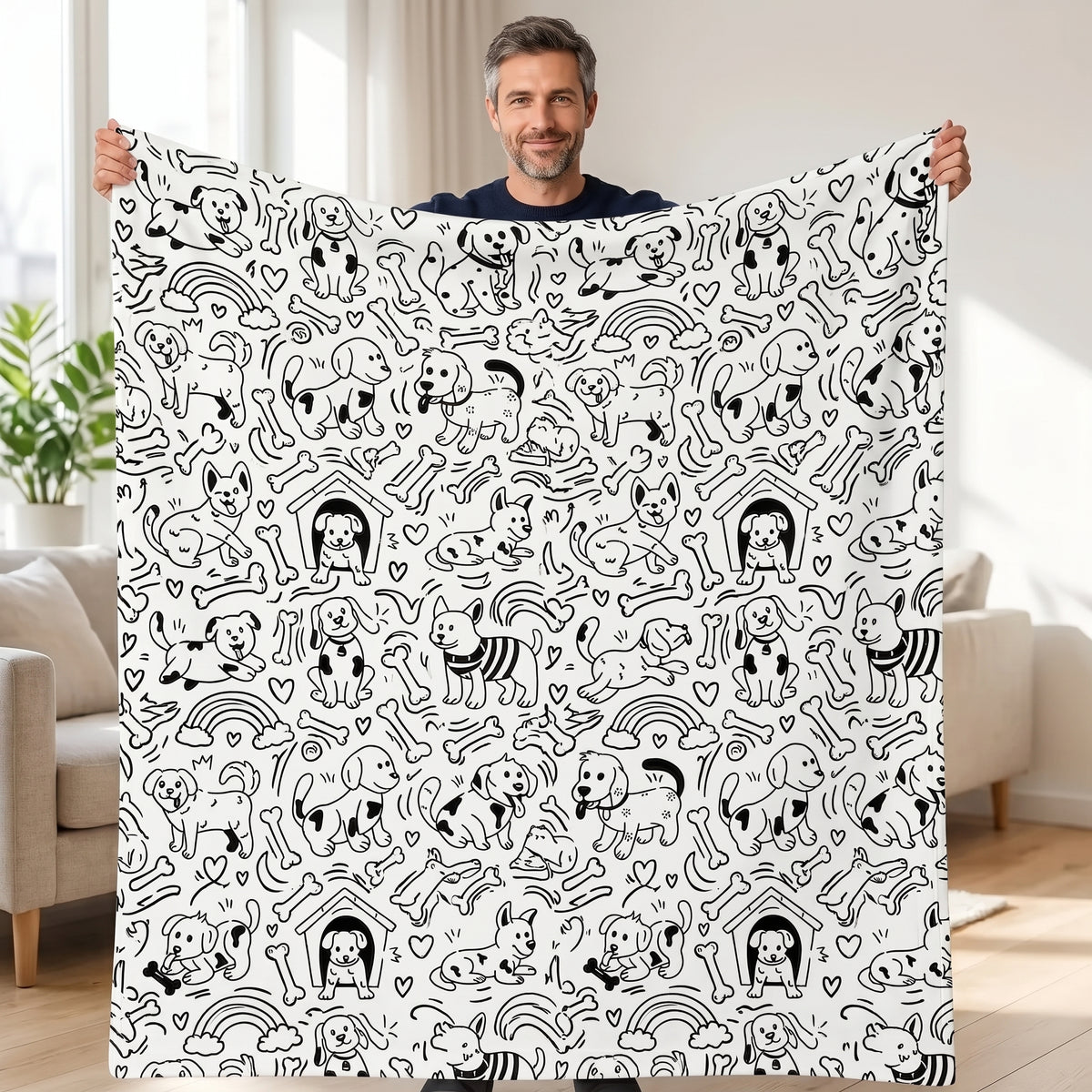 DIY coloring blanket, Dog House design, held up in a living room