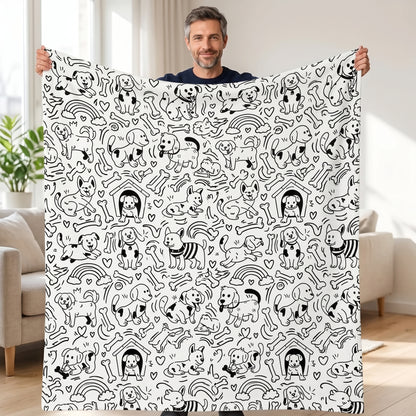 DIY coloring blanket, Dog House design, held up in a living room