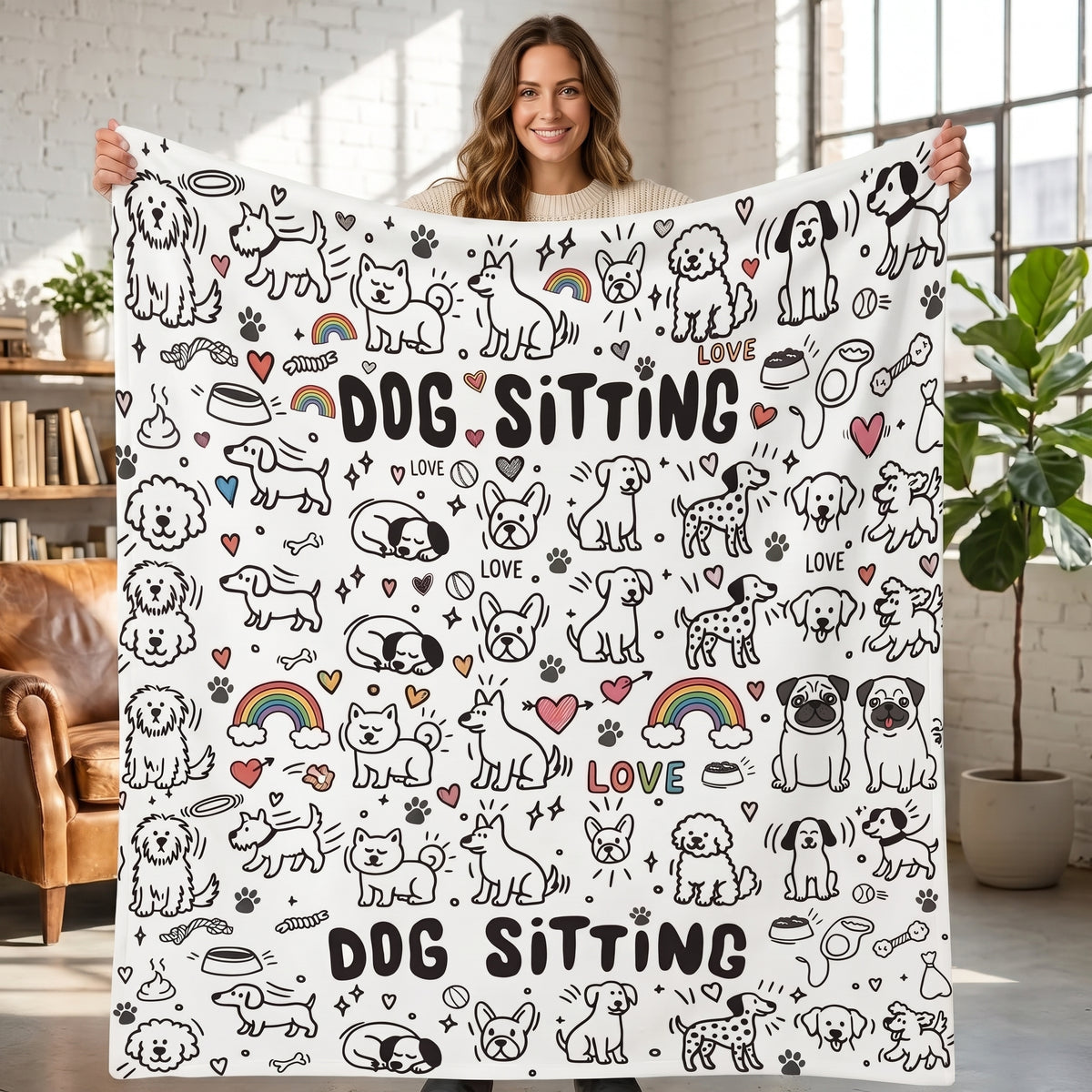DIY coloring blanket, Dog & Rainbow design, held up in a living room