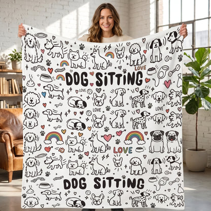 DIY coloring blanket, Dog & Rainbow design, held up in a living room